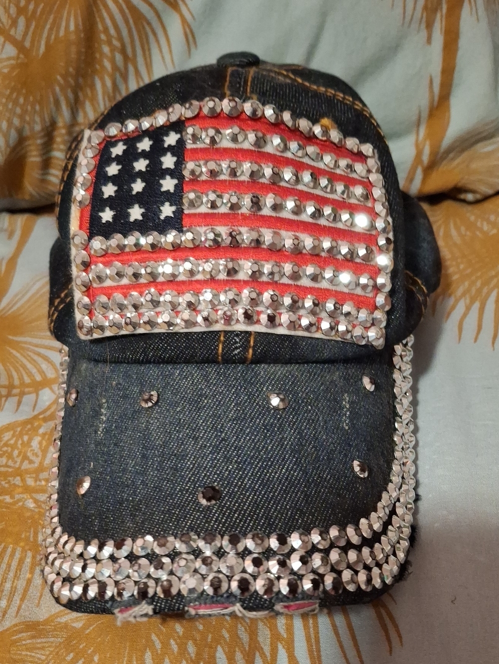 Denim Rhinestone Baseball Cap with American Flag - Blue